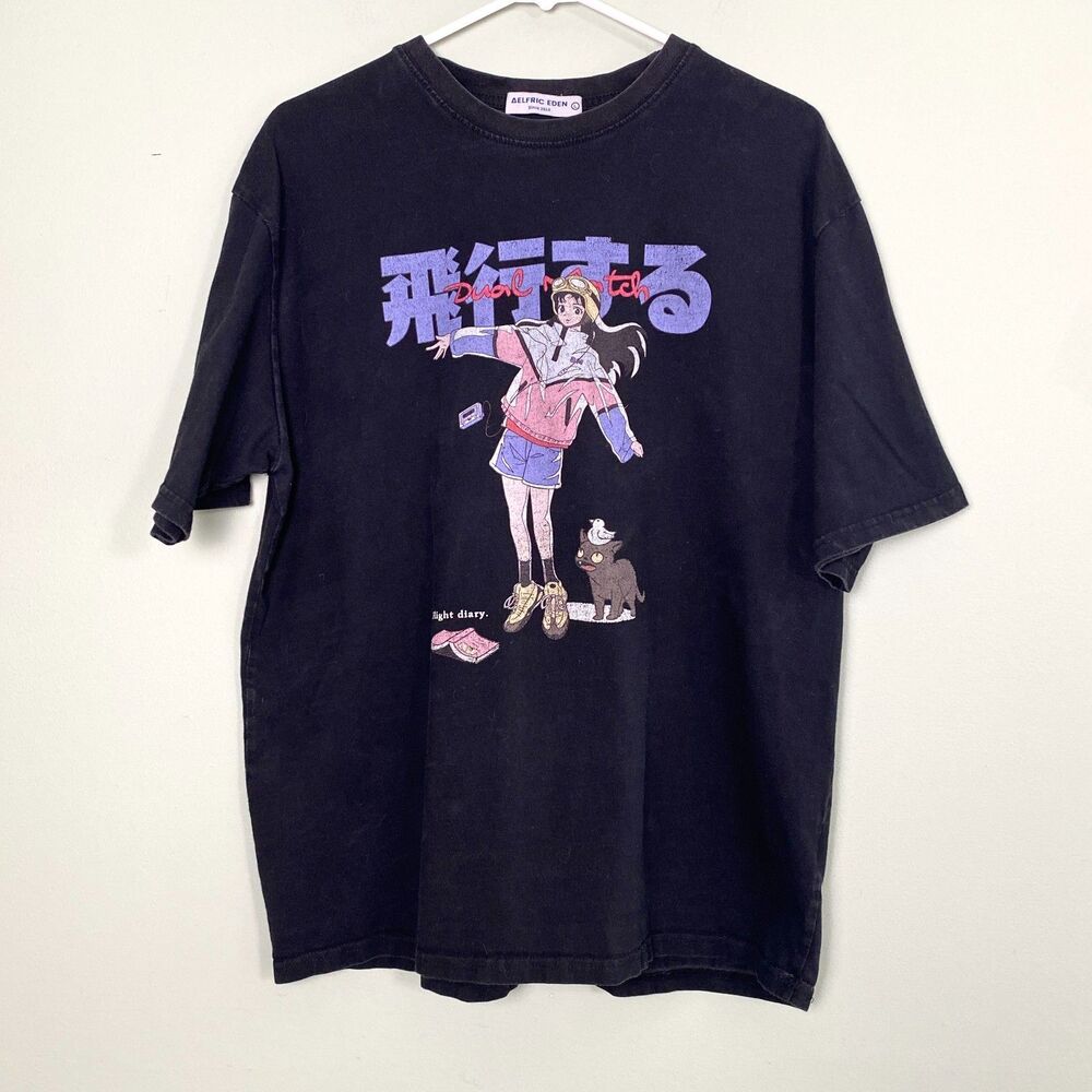 Aelfric Eden Anime T Shirt Flight Diary Girl Cat Mens Large Black Streetwear